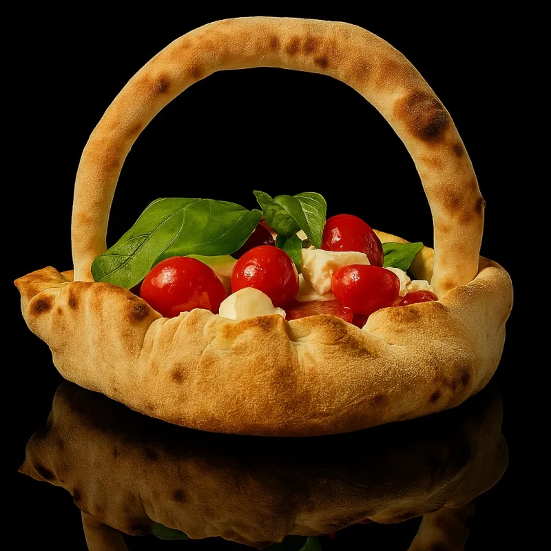 Cestino di pizza con mozzarella, pomodori e basilico